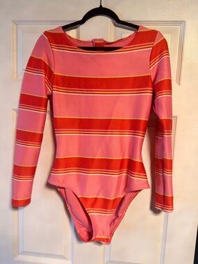 Women's Long Sleeve One-Piece Swimsuit - Pink & Red Stripe